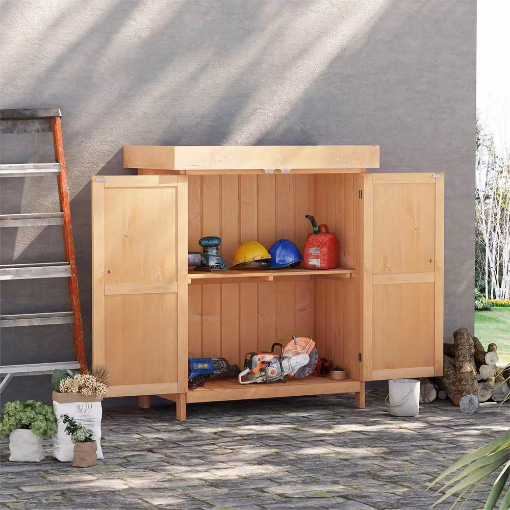 KORVIXA Brown Wooden Tall Garden Storage Cabinet with Double Hinged Doors and Internal Shelving, W/D/H: 74 x 37 x 88 cm – 5