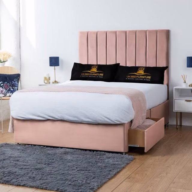 UK Bed Furniture Ashford Double Divan Bed with 2 Drawers and 26 Inch Headboard in Pink Velvet