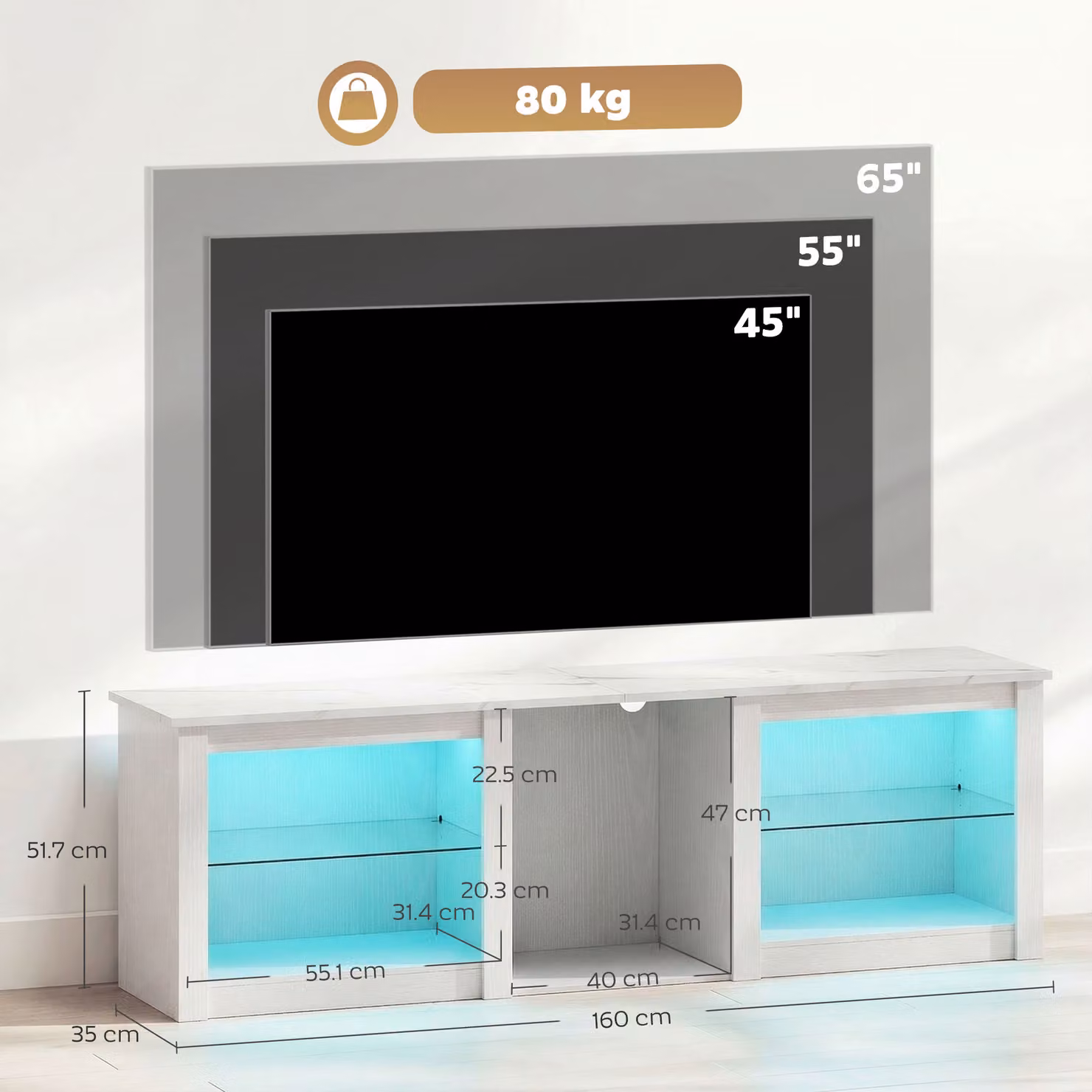 HOMCOM Modern White TV Stand with LED Lights and Storage, W: 160.0 cm, H: 51.7 cm, D: 21.5 cm – 2