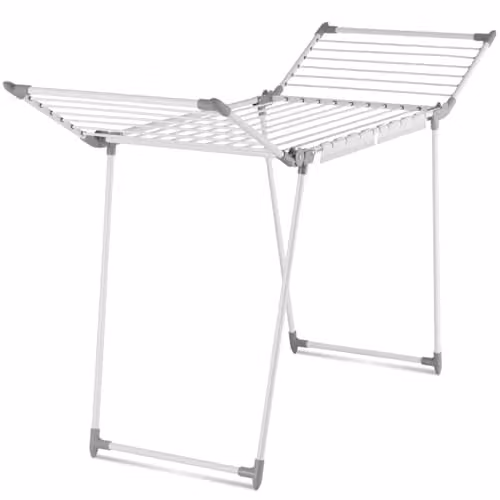 tectake Winged Clothes Airer in White with 25 Drying Rails and 2 Clip Holders, Foldable Steel Clothes Drying Rack, H 176 x W 60 x D 60 cm