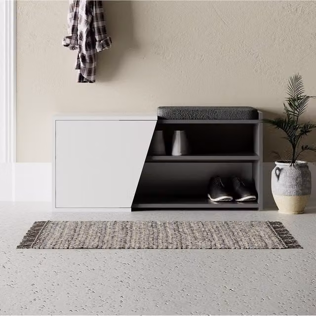 Decortie Fiona Modern Shoe Storage Bench with Cushioned Fabric Seat in White