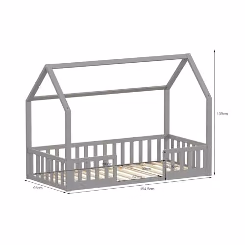WestWood House Shaped Montessori Toddler Bed Frame in Grey Solid Pine Wood, 90 x 190 cm – 2