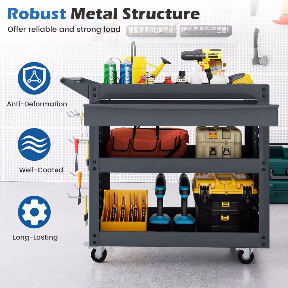 Costway 3 Tier Metal Mechanic Tool Trolley with Pegboards and Hooks in Grey – 7