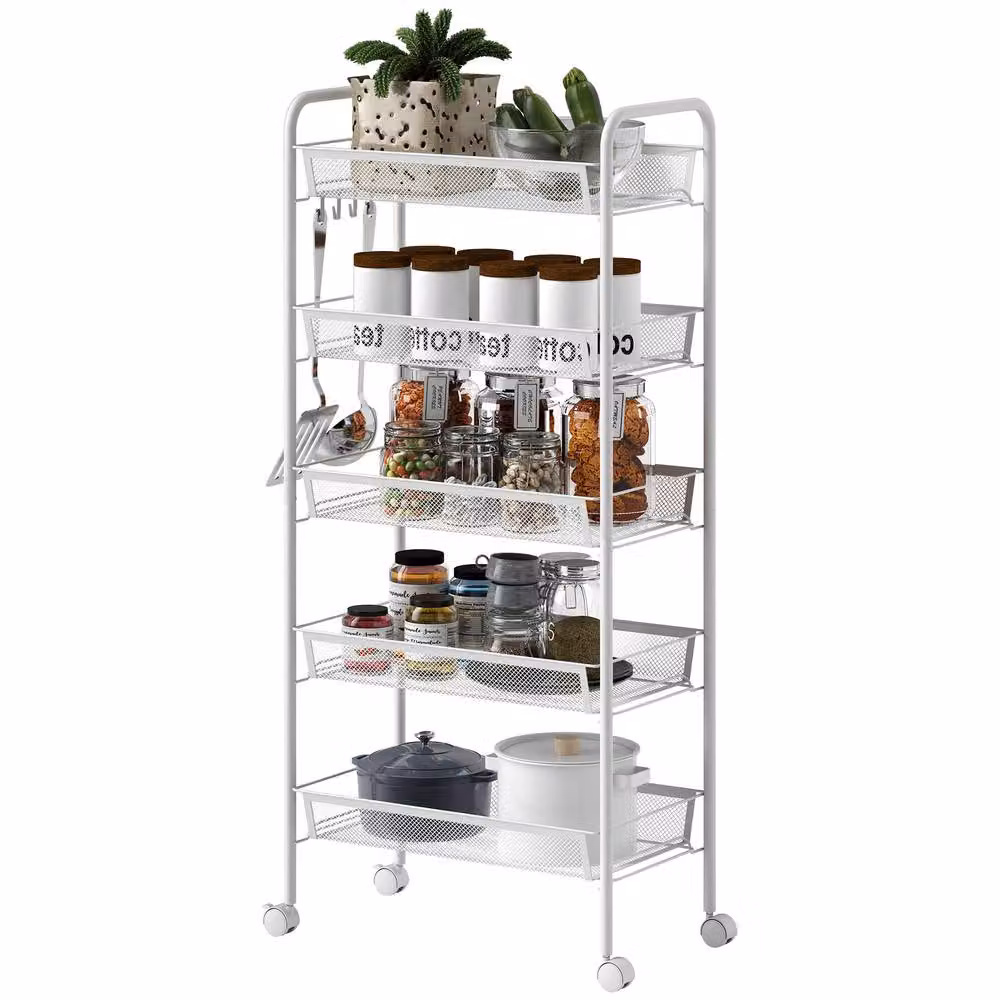 STILVORA 5 Tier Metal Storage Trolley with Wheels in White – 5