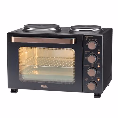 Cooks Professional 28L Mini Portable Oven with Hobs, Black and Copper Electric Countertop Cooker with Grill and Convection Functions