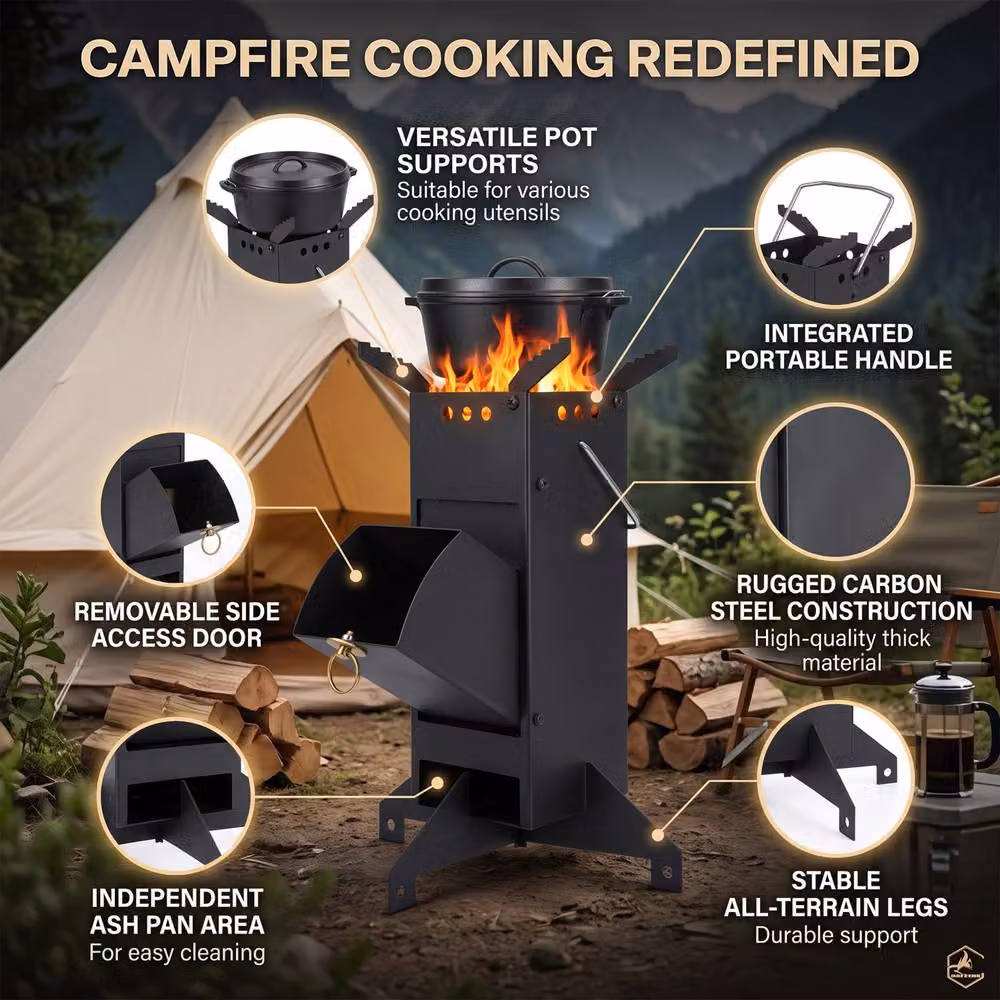 Crystals Heavy Duty Rocket Wood Burning Stove Portable Camping Cooker in Black – 4