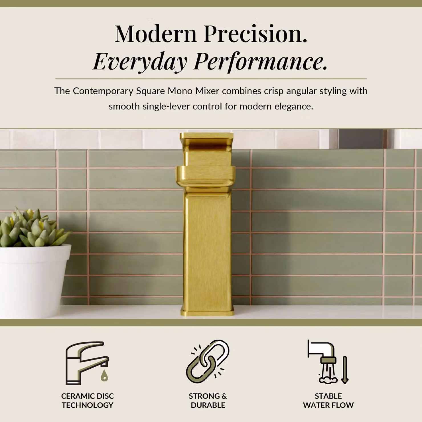 Balterley Square Mono Basin Mixer Tap with Push Button Waste in Brushed Brass – 2