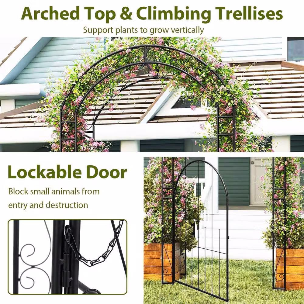 Costway Metal Garden Archway with Gate and Climbing Trellises, Black, Height: 214 cm – 8