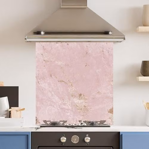 Pink and Gold Marble Look Toughened 6mm Glass Kitchen Splashback, W: 70 cm, H: 75 cm – 1