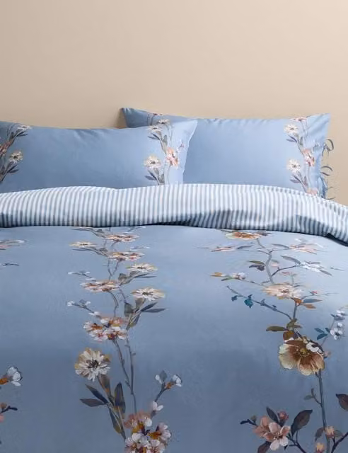 M&S Pure Cotton Mako Satin Trailing Blooms Floral Bedding Set in Blue Mix, W: 180 cm x L: 200 cm