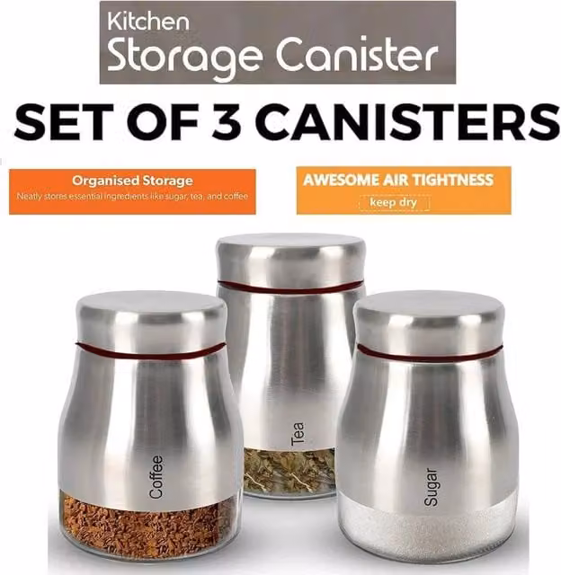 PAWNORA Set of 3 Silver Stainless Steel and Glass Kitchen Storage Canisters – 1