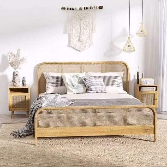EONLION Set of 2 Brown Bedside Tables with Rattan Mesh Doors