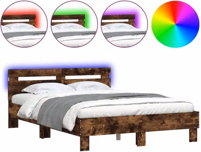 Berkfield Home Small Double Bed Frame with LED Under-Bed Lighting and USB Charging Port, Smoked Oak, Brown, W/D/H: 120 x 190 cm – 1