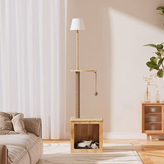 Livingandhome 2-in-1 Cat Climbing Floor Lamp with Sisal Post and Toys, Brown
