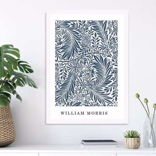 ARTZE Vintage William Morris Larkspur Floral Art Print in Navy and White with White Frame – 1