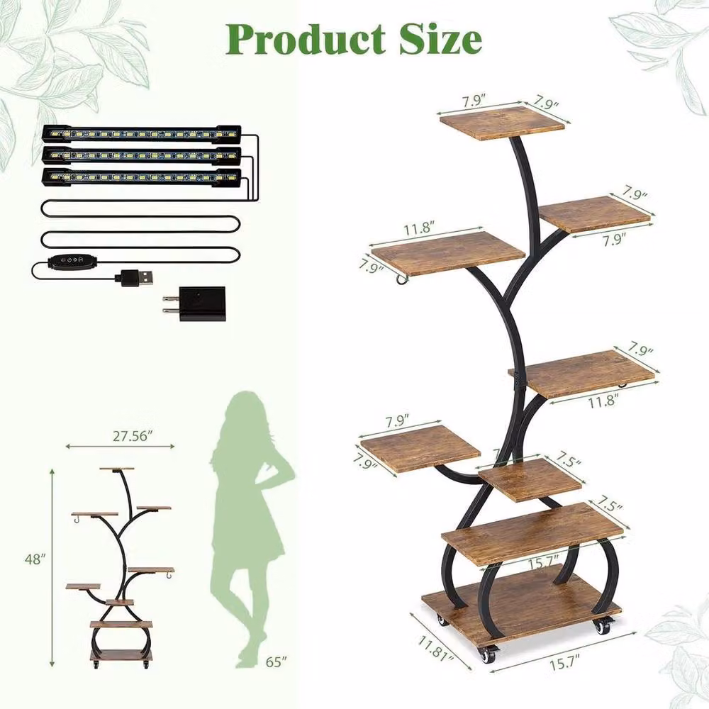 Kelvenix Indoor Plant Stand with Grow Lights and Wheels, Brown, H 127.0 x W 68.0 x D 30.0 cm – 2