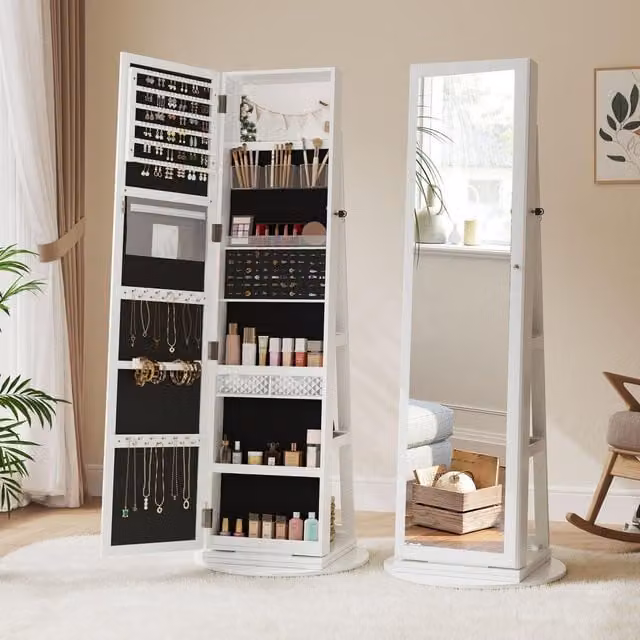 Dprodo 360 Degree Swivel Mirror Jewellery Cabinet in White, H 160 x W 55 x D 55 cm – 1