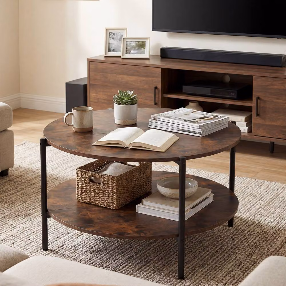 Costway 2-Tier Round Industrial Coffee Table with Storage Shelf in Brown – 2