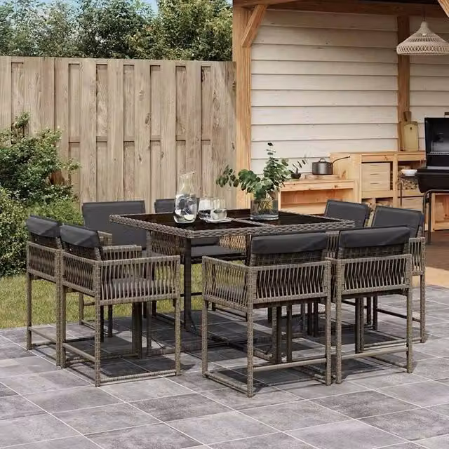 Berkfield Home 9 Piece Grey Poly Rattan Garden Dining Set with Cushions