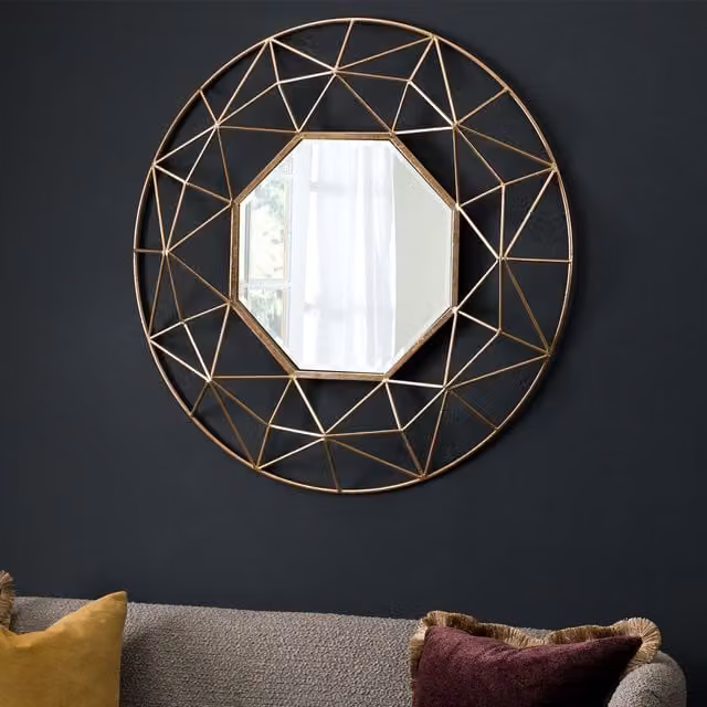 Agenzia 14 Modern 3D Gold Metal Frame Round Wall Mirror, Diameter: 88.5 cm