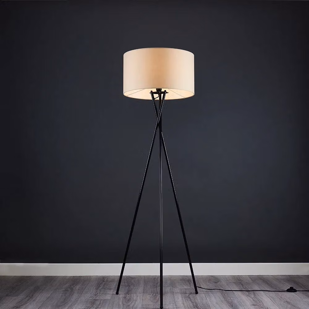 ValueLights Camden Black Metal Tripod Floor Lamp with Natural Fabric Drum Shade and LED Bulb, H 148 cm x W 62 cm – 3