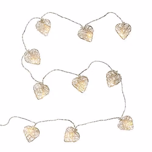 Lights4fun Silver Metal Mesh Heart Fairy String Lights with 10 Warm White Battery Operated LEDs and Timer on 1.35m Clear Cable – 2