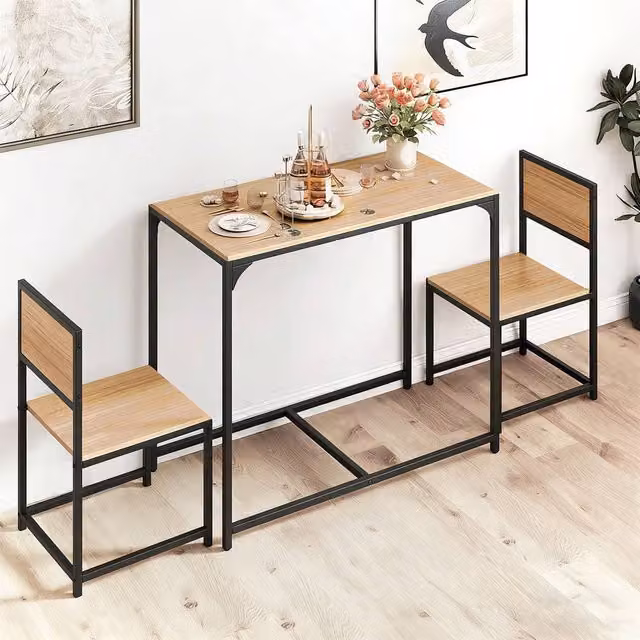 Costway Industrial 3-Piece Dining Set with Rectangular Wood Table and 2 Chairs in Brown and Sand – 1