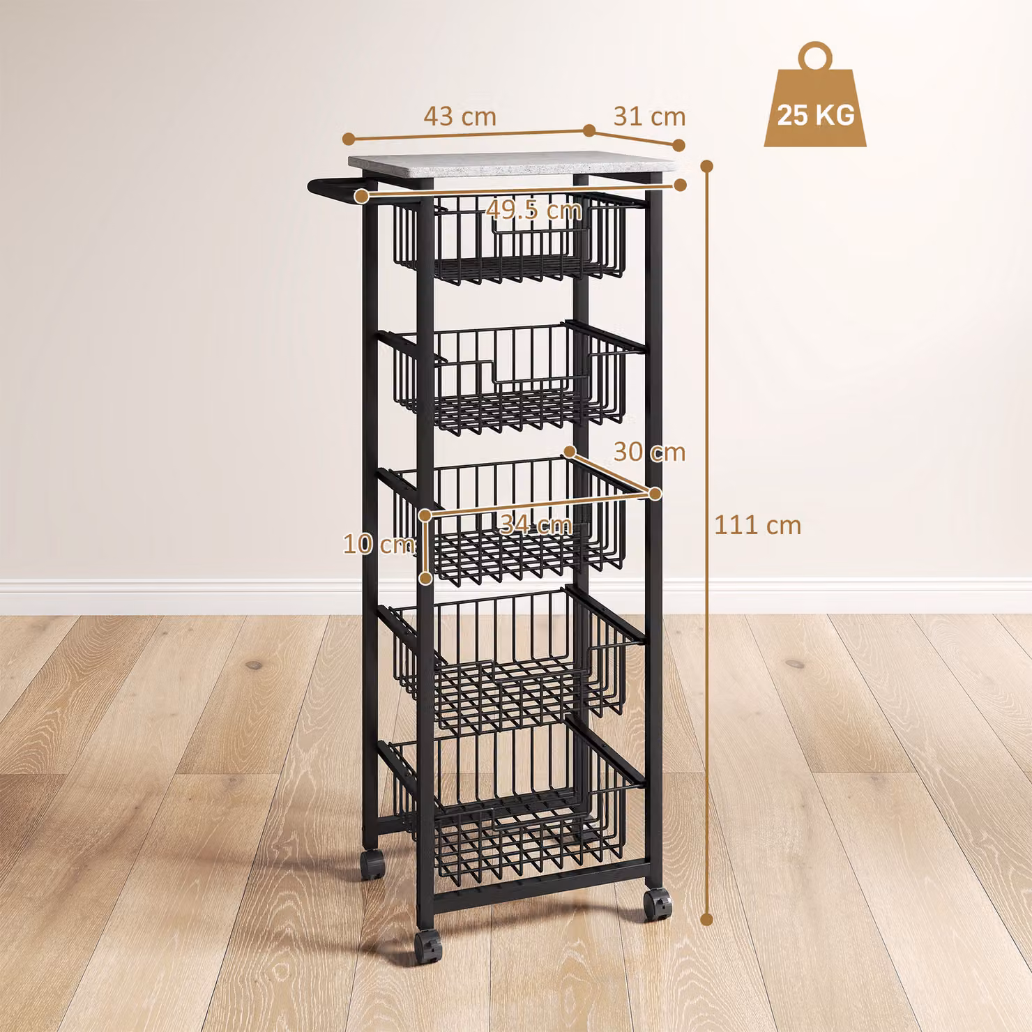 HOMCOM Mobile Kitchen Island with Five Baskets and Brakes, Grey/Black – 3