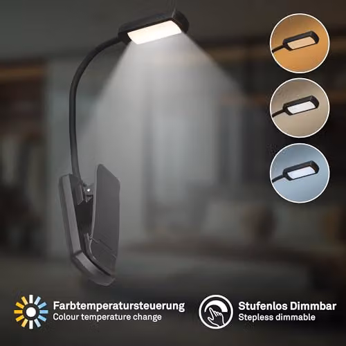 Briloner Black Rechargeable LED Clip On Reading Lamp with CCT Colour Selection and Dimmable Touch Control, W/D/H: 29 x 4 x 4 cm – 2