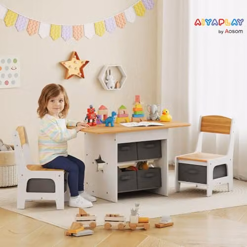 AIYAPLAY Kids Table and Chair Set in Brown and White with 6 Removable Drawers – 2