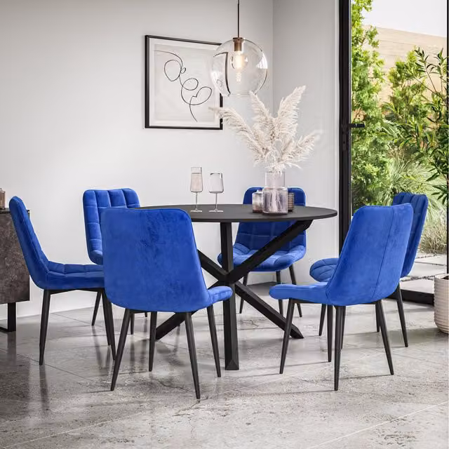 More4Homes Malvern Round Black Dining Table Set with 6 Blue Nova Velvet Chairs and Black Oak Legs, Diameter: 120 cm, Height: 75 cm