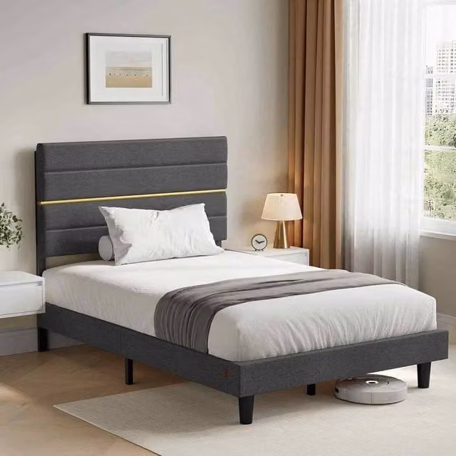 The Bazaarist Small Double Upholstered Bed Frame with Adjustable Headboard in Dark Grey, W/D/H: 120 x 200 cm – 1