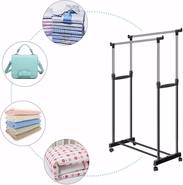 NESTLUNE Adjustable Mobile Clothes Garment Hanging Rail Rack in Matt Black