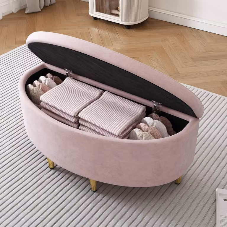Rolipo Pink Velvet Single Bed with Shell Headboard and Storage Bench