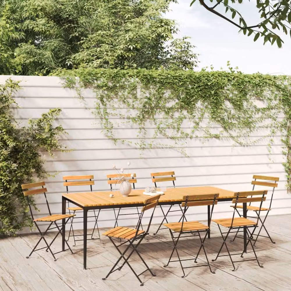 Berkfield Home Set of 8 Folding Garden Chairs in Brown Acacia Wood and Steel – 2