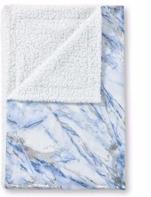 Velosso Elegant Sherpa Backed Throw Blanket with Metallic Marble Pattern in Blue, Grey and Pink, W: 150 cm, D: 200 cm