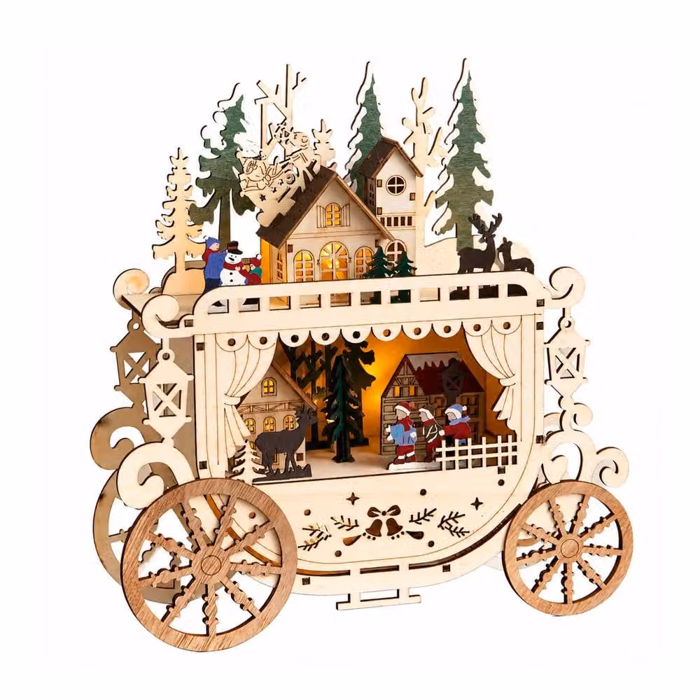 Samuel Alexander Rustic Wooden Christmas Carriage Village with Multicolour Warm White LEDs, Height: 25 cm – 4