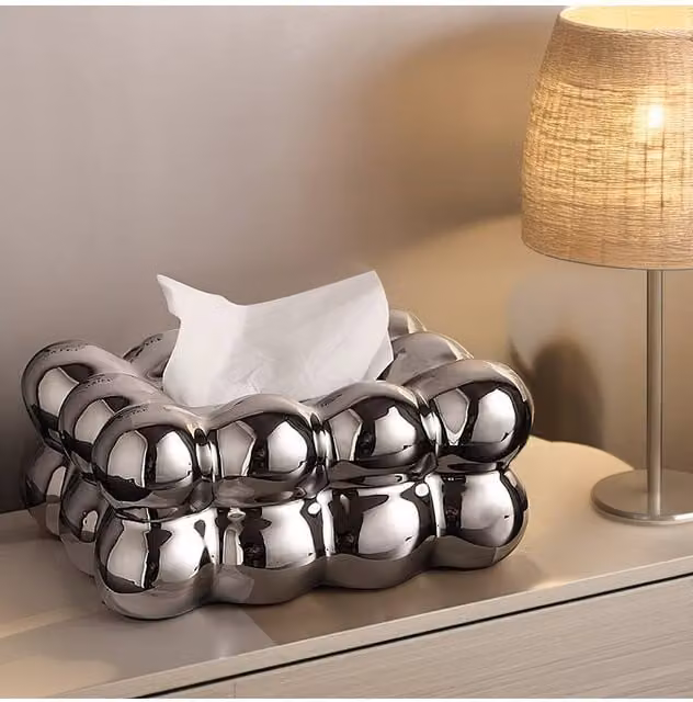Living and Home Cloud-Shaped Ceramic Tissue Box Cover and Napkin Holder in Silver