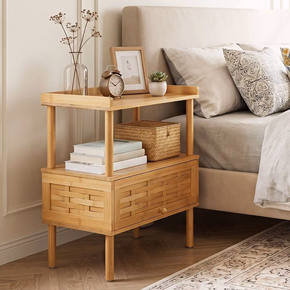Gymax Bamboo Rattan Nightstand, Natural Brown and Beige Side Table with Raised Edge – 3