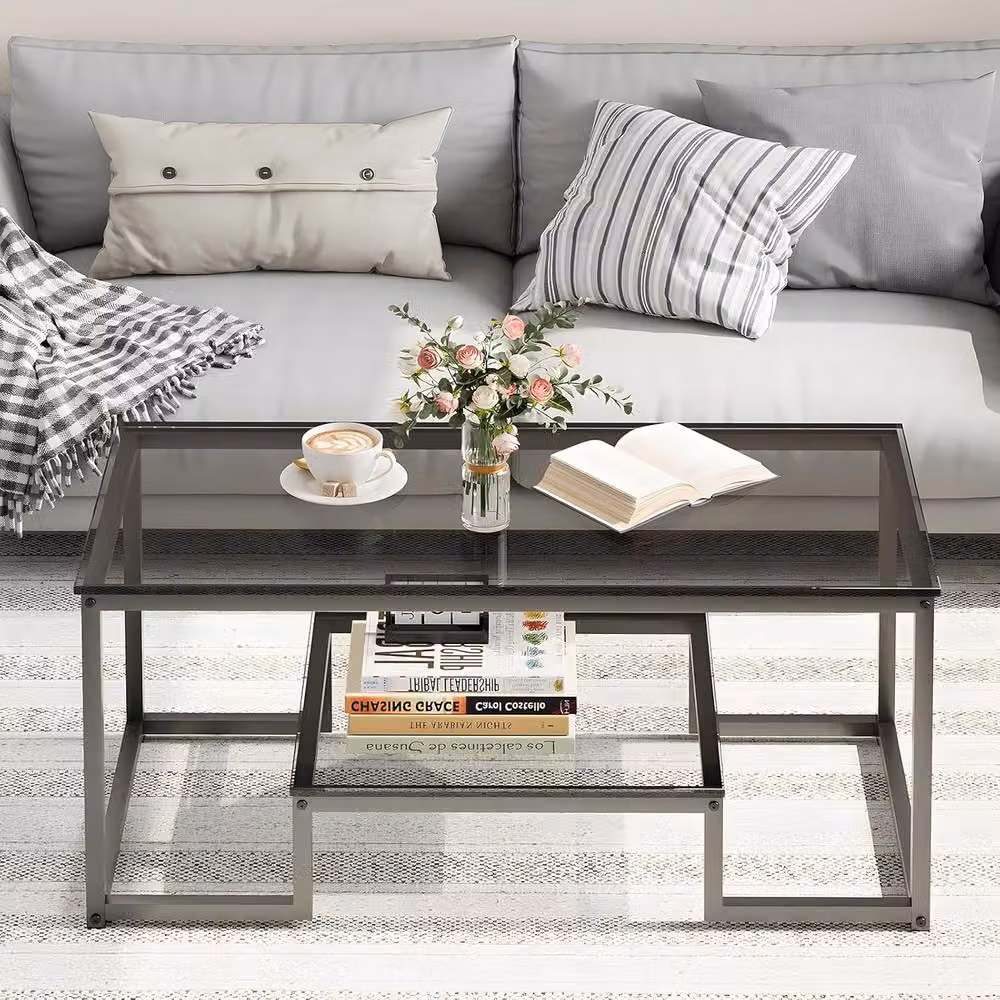 Huhote 2-Tier Modern Geometric Coffee Table with Grey Glass and Black Metal Frame, W: 100 cm, D: 48 cm, H: 45 cm – 2