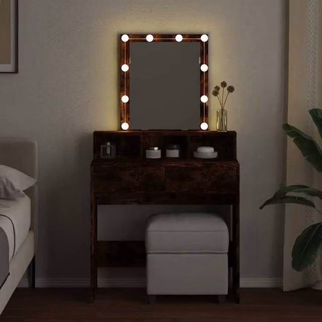 Berkfield Home Beautiful LED Dressing Table in Smoked Oak Brown, W: 80 cm, D: 41 cm, H: 144.5 cm – 1