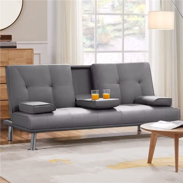 Yaheetech Modern Faux Leather Convertible Click-Clack Sofa Bed with Cup Holders in Grey