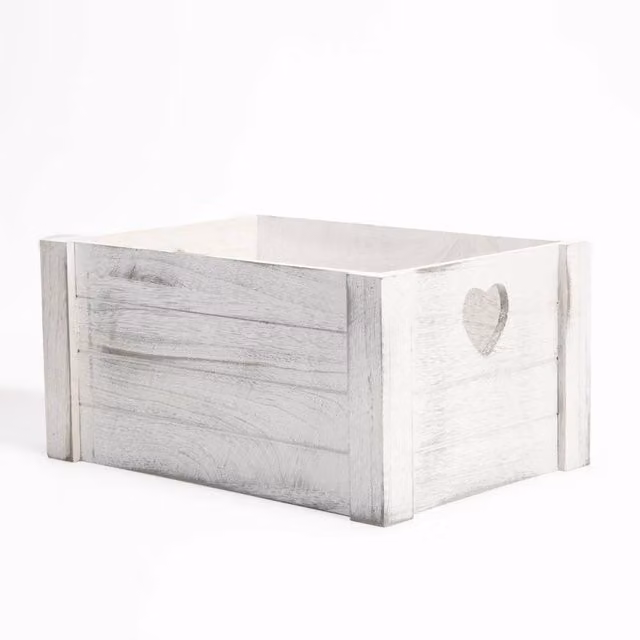 NESTLUNE White Vintage Wooden Crate with Heart Design and Handles