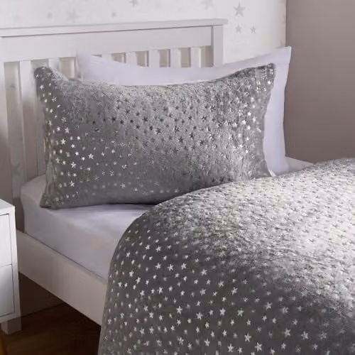 OHS Grey Metallic Star Fleece Bedding Set with Duvet Cover and Pillowcase, W/D/H: 135 x 200 cm and 50 x 75 cm