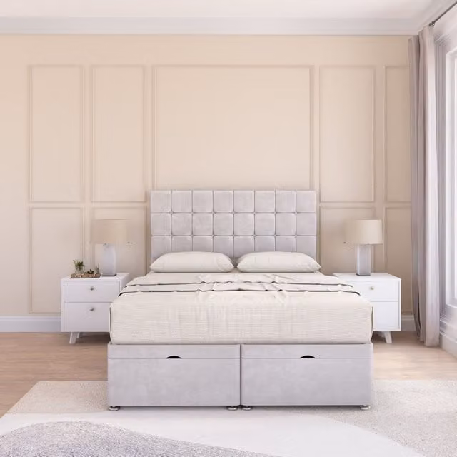 Sloomy Alabama Super King Ottoman Bed with 26 Inch Headboard and Sprung Memory Mattress in Silver Plush Fabric