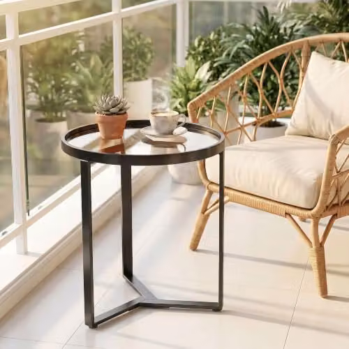 HOMCOM Modern Round Side Table with Transparent Glass Top and Black Metal Frame – 7
