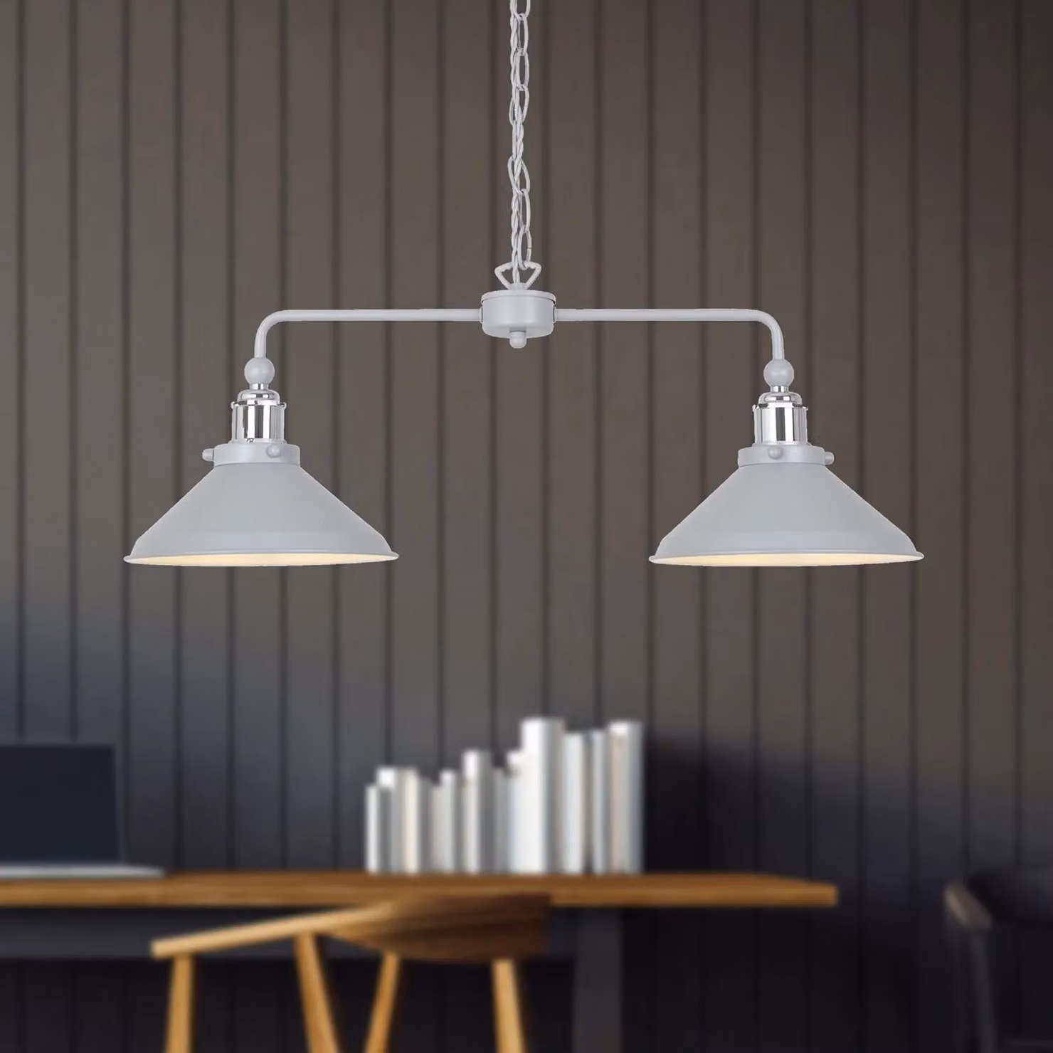 First Choice Lighting Maxwell 2 Light Bar Ceiling Pendant Light in Grey and Chrome – 2