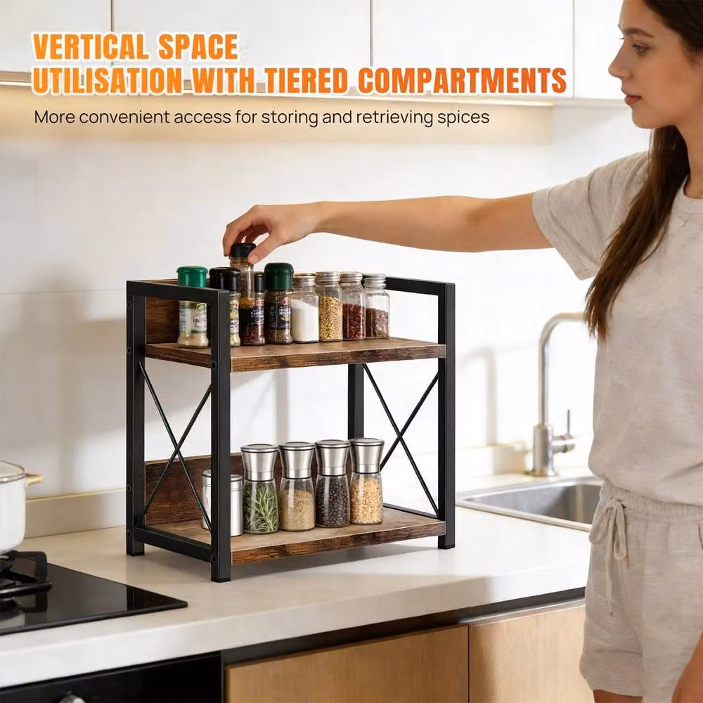EONLION 2 Tier Wooden Kitchen Countertop Spice Rack Organizer, Black, Width: 100 cm – 3