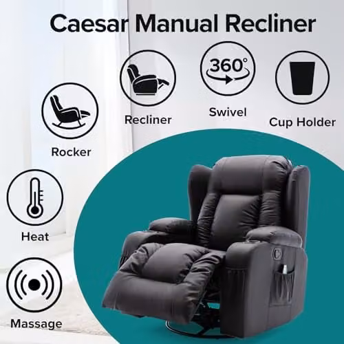 More4Homes Caesar 10-in-1 Manual Recliner Armchair with Heat and Massage, Black Bonded Leather – 8