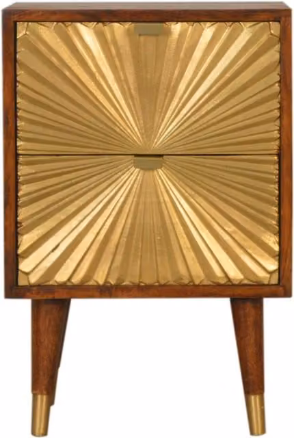 KDMK Manila Gold Brass 2 Drawer Mango Wood Bedside Table - Yellow